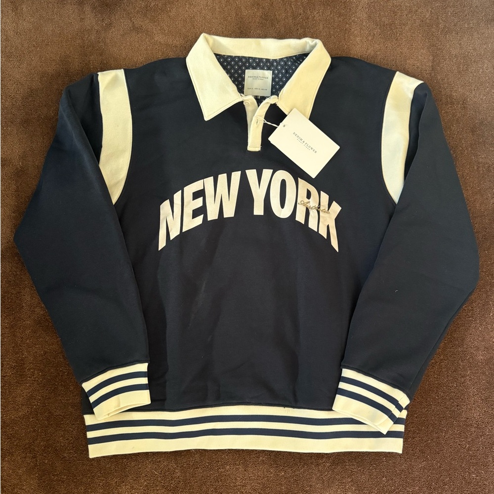 Denim & Flower by Ricky Singh navy New York rugby styled polo